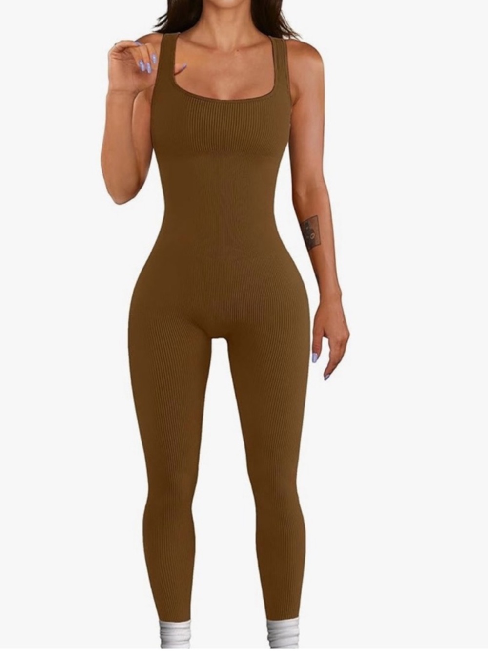 OQQ Brown Ribbed Sleeveless Jumpsuit